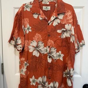Red and White Casual Button Down Shirt with Tropical Floral Design